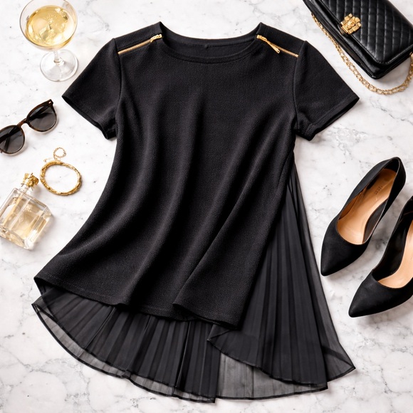 Worthington Woman Black Pleated Top Gold Zipper Shoulder Blouse Plus Size 1X - Picture 2 of 12